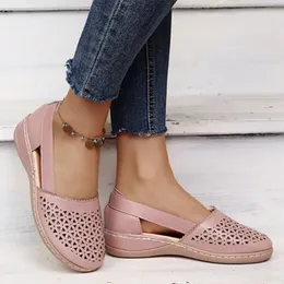 Rimocy Pink Leather Hollow Out Loafer Autumn Slip on Wedges Sneaker Plus Size 3544 Casual Flats Shoes Woman 240516