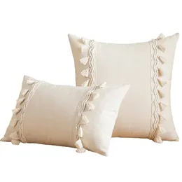 Inyahome Morocco Lumbar Tufted Throw Pillow Case with Tassels Hand-Woven Boho Farmhouse Cushion Covers for Sofa Couch Home 240520