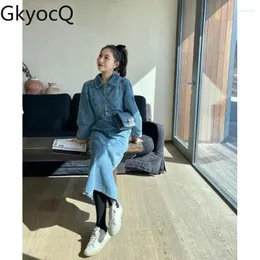 Vestidos casuais gkyocq corean moda feminino vestido jeans cair e inverno preguiçoso colarinho de lapela de pára