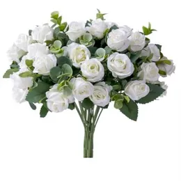10 Köpfe künstliche Blume Seide Rosenweiß weiße Eukalyptus Blätter Pfingstrouze Fälschliche Blume für Hochzeit Tisch Party Vase Home Dekoration