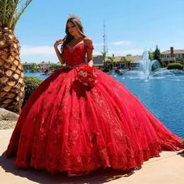 Красное кружево с плеча Quinceanera Dresses Ball Honeds Robe Soiree Laceup de Festia Prom Part vestidos 0521