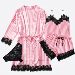 Pink Streifenrobe und Pyjama Set Women Seiden Satin Spitze Nachtwäsche Sommer Sexy Faux Pijamas Bademantel Homewear Nacht Set 240423