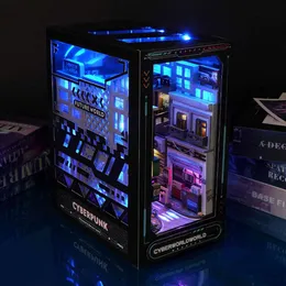 DIY Livro de madeira nook Inserir kits de edifícios em miniatura Cyberrpunk World Bookshelf.