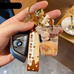 Cartoon Pearl Milk Tea Cup Key Chain Floating Liquid Quicksand Bottle Keyring Trend Auto Parts Bag Pendant Keychain Decoration 240511