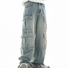 Spring Summer Workwear Multi Pocket Jeans Men Used Wash Retro Japanese Casual Fashion Pants China-Chic Loose Pants 240520