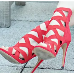 Mode sommar nya kvinnor öppet tå band cross stiletto gladiator tillbaka dragkedja röda blå hög häl sandaler dr 2fc