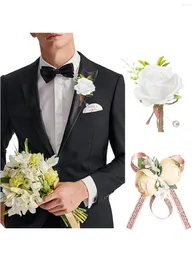 زهور الزفاف 2pcs أبيض الورد boutonniere العريس الورود الاصطناعية العريس والعروس القاعدية butter butter