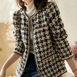 Vintage Early Autunno Tweed Women Jacket Ins Style Elegante Gentlewomen Black White Tweed Lady Winter Cardigan Outwear Outwear