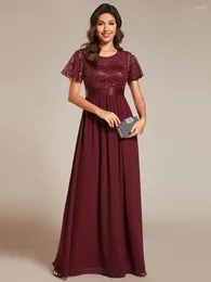 Party Dresses Elegant Evening Round-Neck Sequin High midja kortärmad formell 2024 Ever Pretty of Bourgogne Bridesmaid Dress