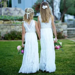 White V Neck Weddings Guest Cheap Long Beach Flower Girl Dresses Vintage Lace Girls Birthday Party Dress 0521