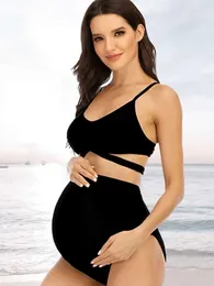 Hot Maternity Women Women High Caist Bikini Sexy Conjunto 2024 BIQUININI Swimwear grávida Duas peças Terno de banho em Voas de praia