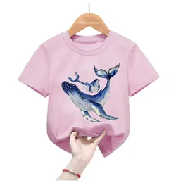 T-Shirts Cool Sternenhimmelwal Tierdruck Pink T-Shirt Girls Kawaii Delphin Blumen T-Shirt Kinder Kleidung 2-10 Jahre T-Shirt Tops Y240521
