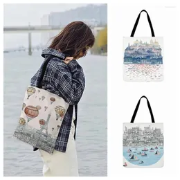 Einkaufstaschen Ladies Umhängetasche Klappbarer Stadtabdruck Malerei Print -Tasche für Frauen lässig im Freien Strand