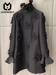 Sıradan Elbise Luxeenvy Tasarım Üç Boyutlu Çiçek Elbise Kadınlar Işık Lüks Ünlüler Şık Uzun Kollu Etek 2024 Sonbahar