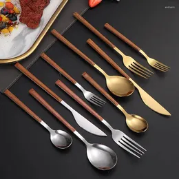 Conjuntos de utensílios de jantar 5pcs imitação alça de madeira conjunto de talheres de prata dourado