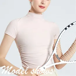 Lu Yoga Allinea il collo alto Slim Tennis Sleeve Stretch Stretch Women's Yoga's Yoga Top-shirt Solid Iess Clothing Ll Lemon Gym 2024