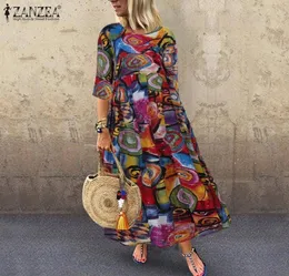 2021 فساتين استعادة الصيف Zanzea clothing Women039S Vintage Vestidos Robe مطبوعة Maxi Jurken Plus Size Femme 34 Mouwen4904647