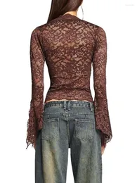 Kadın Polos Everylu Top Corto'da Pizzo Da Donna Manica Lunga Scollo A V Profondo Florie Trim Vedere Attravero Tinta Unita Slim