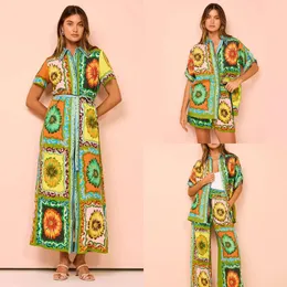 Цветочное повседневное длинное платье для женского дизайнерского женского набора для двух кусок лето новая мода с короткими рукавами.
