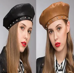 Stand Focus Женщины Faux Leathers French Beret Painter Flat Baker Boy Hat Newsboy Cap Ladies Fashion Winter Black Brown ST9457044