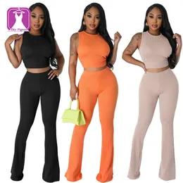 Heißer Verkauf Sommer Rib Strick Twill ärmellose Weste Crop Top Flare Hosen Frauen Rippen 2 -Stück -Sets