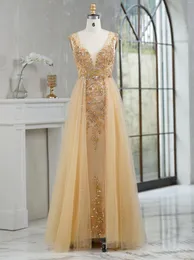 Partykleider Linyang Yellow Luxury V Nacken Pailletten Abschlussball Kleid bodenlange mit passrockem Perlen elegantem Abend für Frauen 2024