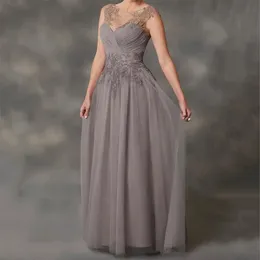 O-pescoço Mãe dos vestidos de noiva Sparkys Apliques Apliques Evening Vestido de convidado de casamento Cinza A-line Long Prom Vestres