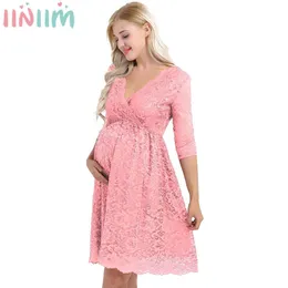 Maternidade para as mulheres elegante vestido floral sobreposição de renda floral v vestidos de fotografia de meia manga de pescoço para noite de casamento L2405