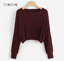 Colrovie Burgundy Burgundy Cash Casual Crop Women Sweater 2018 Autunno Streetwear Pullover Sweaters Girls Girls Women Clothes3516542