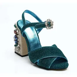 Versand 2019 kostenloser Damen Leder Diamond Perle Chunky 10 cm High Heel Peep-the-Schnalle-Gurt Sandalen Schuhe gekreuzt Blu 953