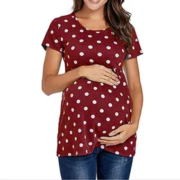 Women Pregnancy Casual T Shirt Summer Short Sleeve Dot Print Tees Tops Pregnant Tunic Blouse Maternity Clothing L2405