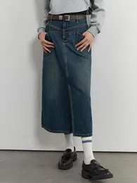 Röcke Denim Rock Frauen hohe Taille Lange A-Line Office Dame Front verschüttet Retro Blue Jean für