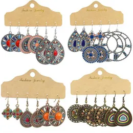 Küpe boho çok renkli damla küpeler kadınlar için set düğün vintage geometrisi büyük yuvarlak içi boş çiçek kristal asılı küpeler takı 230831