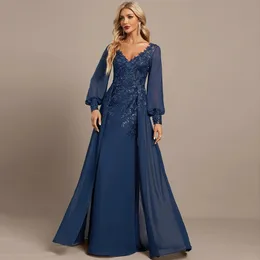 Navy Blue Mother of the Bride Dresses 2024 a V-Nine A-Line Appliques in pizzo a sequestro con sequestro in chiffon Formale Ospite Guest Party Gown