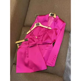Spring Hot Pink Solid Color Three Piece Dress Sets Long Sleeve Notched-Lapel Single-Breasted Blazers Top & Camisole & Short Skirt Suits Set O2O312333