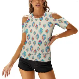Women's T Shirts Floating Gems - A Pattern Of Painted Polygonal Shapes T-Shirt Casual Short Sleeved Tops V-Neck Zipper Tee Ladies Loose