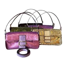 Designer Shoulder Baguette Bag for Women Lilac sequin and leather Crossbody Bags Ladies Totes Bling Handbags Purses Size 27 cm