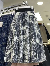 Spódnice chińska retro długa spódnica dla kobiet druk atramentowy A-line wysoki talia kobieta Faldas Ajustadas plisowany spadek przyczynowy
