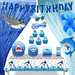 Haifischpartyzubehör Set Havable TableWares 220*130 cm Tischtuch Blue Ocean Pool Party Dekorationen Boy Kid Shark Party Gefälligkeiten