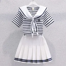 Yaz Kızlar Takım Kore tarzı denizci yaka şerit Kısa kollu yünlü etek 2pcs takım elbise JK üniforma etek kıyafetleri 3-13 240518