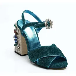 2019 kostenloser Versand Damen Leder Leder Diamant Perle Chunky 10 cm High Heel Peep-the-Schnalle-Gurt Sandalen Schuhe gekreuzigt Blu 011