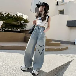 Hot Selling Big Girls New Arrival Jeans with Heart Pattern 2024 Spring Autumn Fashion Wide Leg Pants Kids School Loose Trousers