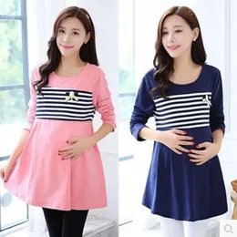 Korean style fashion maternity top striped patchwork cotton zip nursing tees long loose postpartum woman lactation shirt L2405