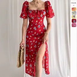 High-End Womens Dress Summer New Puff Sleeve Slim-Fit Sexy Figure Flattering Side Slit Printed Dress Women