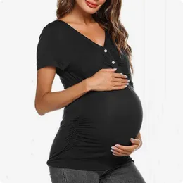 夏のTシャツ妊娠中のファッショントップマタニティラップシャツ服用の夏のTシャツトップス育児ティーL2405