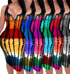 Designerinnen Drucken Kleid 2021 Sommer Krawattenfarbe Druckstreifen sexy Deep Vneck Bag Hip ärmellose Gurtkleider lässig enge Body 8470493