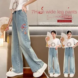 Summer Girls Chinese Style Wide-Leg Jeans Loose Straight Embroidered Denim Teenagers Solid Washed Trendy Trousers 6-15