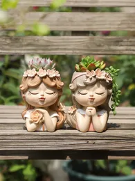 Süßes Mädchen Pflanzer für Sukkulenten Pflanzen Harz Blumentopf Fairy Garten Ornament Dekorative Figuren Home Tabletop Dekor 240521