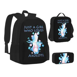 Backpack Qunan Axolotl Cute School Backpacks Set 3d Casual Light Weight Lunch Box Pencil Case Pencilbag For Girls Boys Students Custom