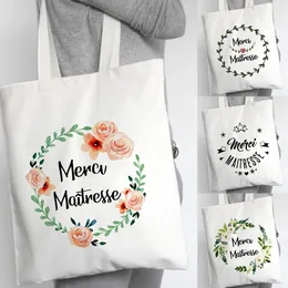 Einkaufstaschen französische Print -Leinwand Schulter weiblich Totes Frauen Reisen Handtaschen Eco wiederverwendbare Aufbewahrungstasche Buchbags Lehrer Geschenke